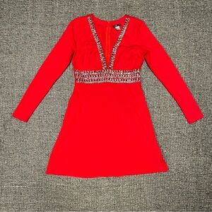 VENUS Red Long-Sleeve Beaded V-Neck Dress
